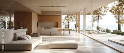 Spacious modern living room with large windows, minimalist decor, and stunning nature views, perfect for relaxation and comfort.