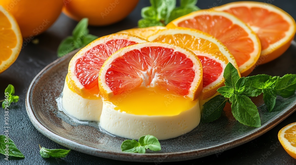 Delicious citrus dessert featuring bright grapefruit and orange slices atop a creamy panna cotta. Perfect for a fresh treat. Delicious citrus dessert featuring bright grapefruit and orange slices atop a creamy panna cotta. Perfect for a fresh treat.