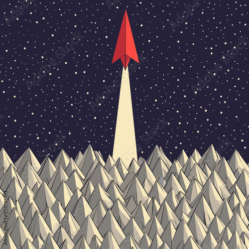 Vector illustration of a red paper airplane launching into the starry night sky, symbolizing innovation and ambition over a landscape of paper mountains
