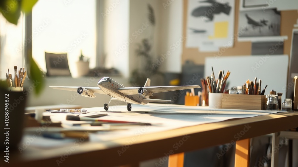 An elegant model airplane painting station in a bright studio, Model airplanes and painting tools meticulously organized, Modern artistic style An elegant model airplane painting station in a bright studio, Model airplanes and painting tools meticulously organized, Modern artistic style