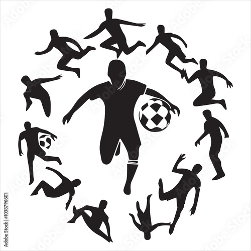 Running footballer with dribbling ball to shoot silhouette.