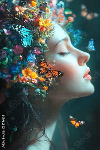 A serene portrait of a woman adorned with a crown of flowers and butterflies, embodying nature's beauty and tranquility.