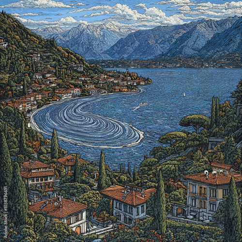 Vector illustration of a scenic view of Lake Como with winding roads, villas, and lush greenery surrounded by mountains, capturing the picturesque Italian landscape