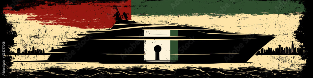 Obraz premium Grunge vector illustration of a large yacht with a keyhole symbol against a red, green, and white flag background, symbolizing luxury, power, and security