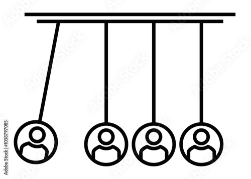 Vector icon of a Newton's cradle with people figures, representing teamwork, motion, or leadership concepts. Editable stroke.
