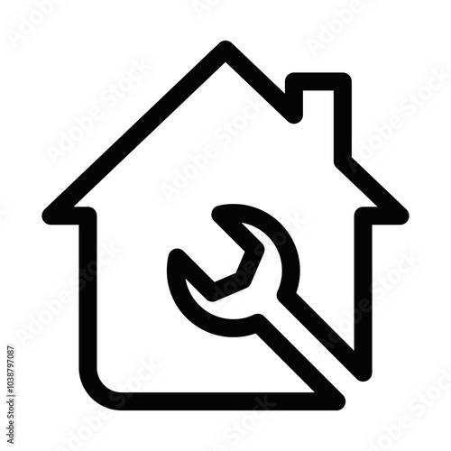 Simple vector icon of a house with tools, suitable for home improvement, renovation, or handyman-related designs. Editable stroke.