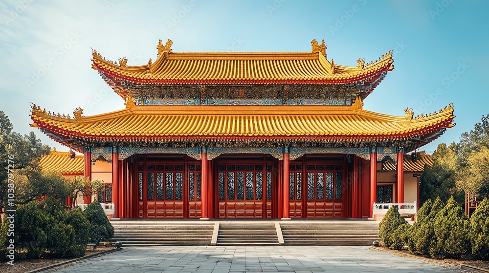A stunning view of a traditional temple with golden rooftops, surrounded by lush greenery under a clear blue sky. A stunning view of a traditional temple with golden rooftops, surrounded by lush greenery under a clear blue sky.