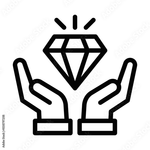 Minimalist vector icon of hands holding a diamond, representing value, luxury, or precious items. Editable stroke.