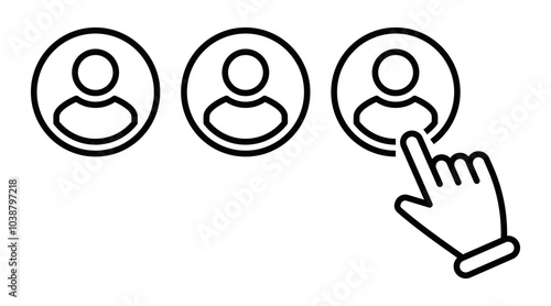 Minimalist vector icon of a hand selecting a user profile, ideal for user, selection, or profile-related designs. Editable stroke.