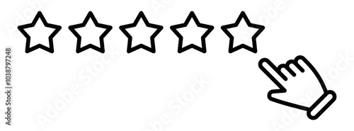Simple vector icon of a five-star rating system with a hand selecting a star, great for reviews, ratings, or feedback themes. Editable stroke.
