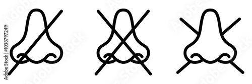Vector icon showing a crossed-out nose, representing no smell or fragrance, great for allergy or environmental concepts. Odorless symbol. Editable stroke.