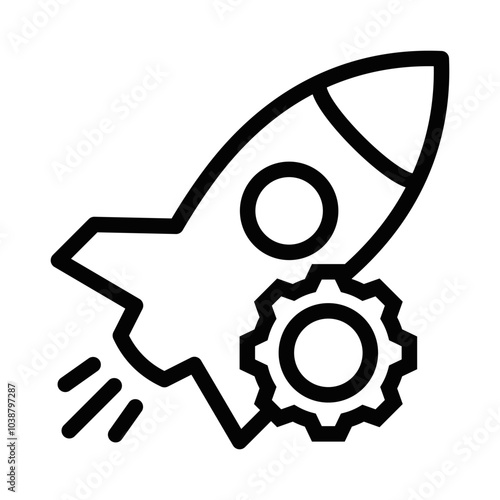 Simple vector icon of a rocket launching with a gear symbol, representing innovation, technology, and startup growth. Editable stroke.