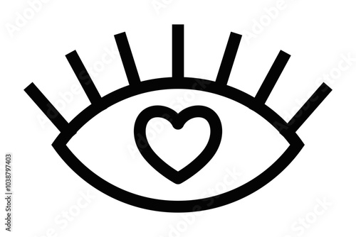 Simple vector icon of an eye with a heart in the center, symbolizing love, admiration, or care. Editable stroke.