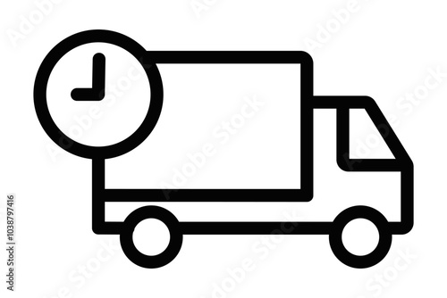 Vector icon of a clock with a delivery truck, symbolizing fast shipping, logistics, or timely deliveries. Editable stroke.