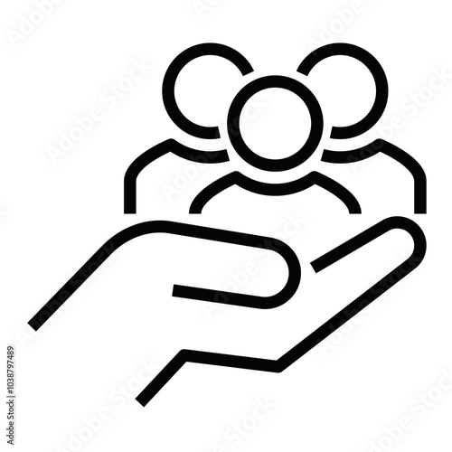 Simple vector icon of three people in a hand, representing community, support, or teamwork. Editable stroke.