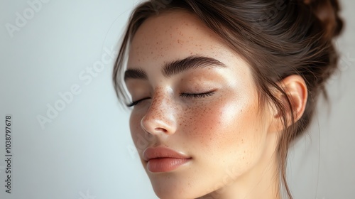 A serene portrait of a young woman with natural beauty, showcasing her flawless skin and peaceful expression.