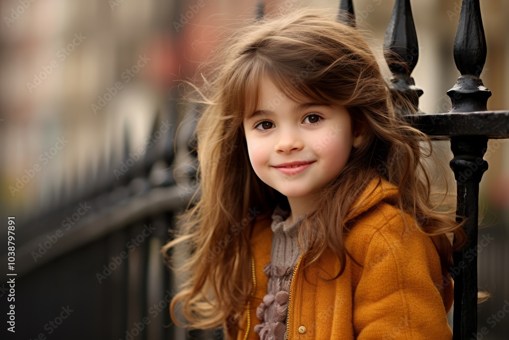 Portrait of a beautiful little girl with long hair in a yellow coat Portrait of a beautiful little girl with long hair in a yellow coat