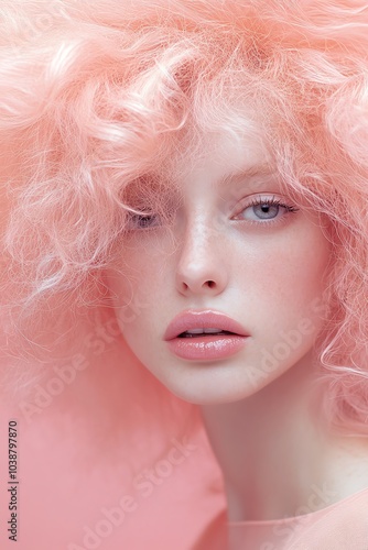 A striking portrait of a model with voluminous pink curls and soft makeup against a pastel background, capturing beauty and elegance.