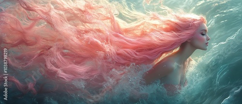 A serene underwater scene featuring a graceful woman with flowing pink hair amidst vibrant waves, embodying beauty and tranquility.