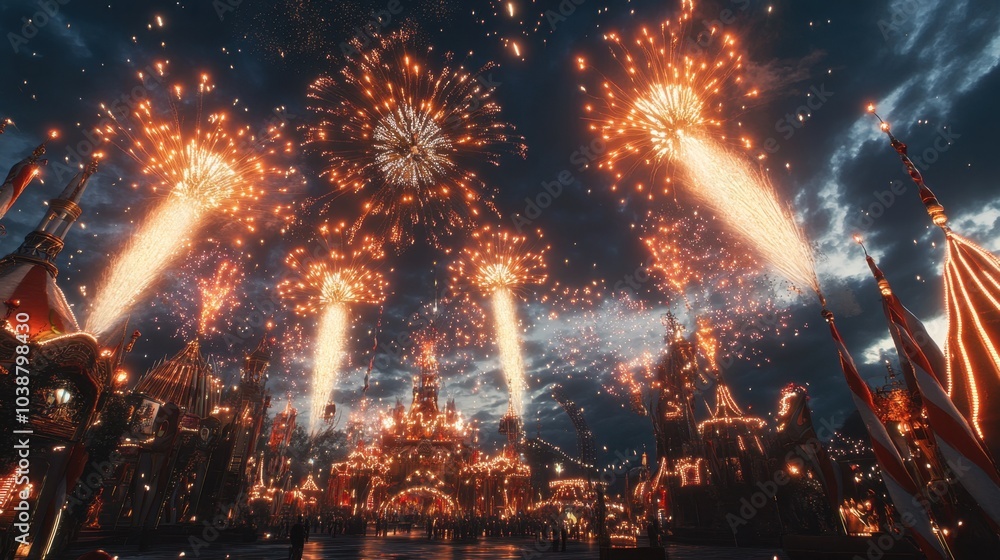 Fototapeta premium A highly detailed fireworks display exploding above a festive carnival, lighting up the sky with intricate bursts and sparkling trails.