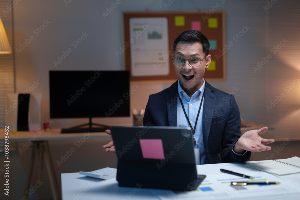 Asian businessman is looking surprised at his laptop while working late in his office Asian businessman is looking surprised at his laptop while working late in his office