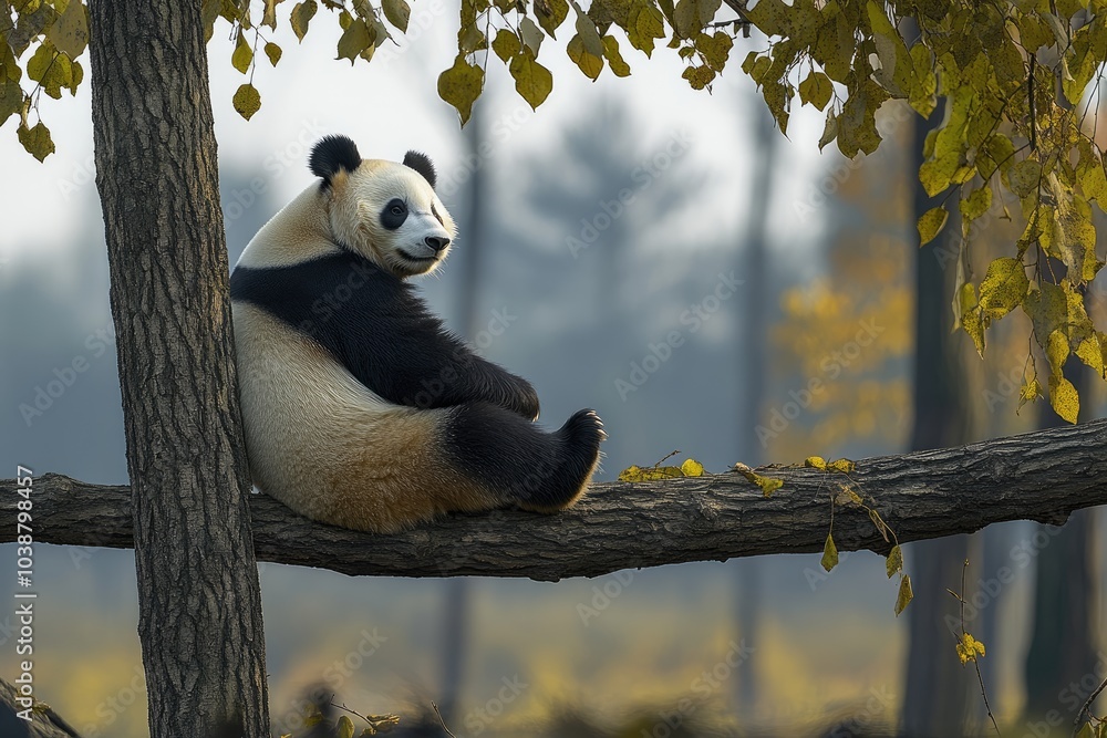 Obraz premium The adorable panda reclines on a broad tree branch, gazing curiously at its surroundings. Vibrant autumn foliage creates a picturesque backdrop, enhancing this moment of serenity in nature