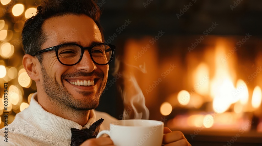 Portrait of a man wearing a Thanksgiving tie while holding a cup of coffee by the fireplace, Thanksgiving tie, cozy holiday mood Portrait of a man wearing a Thanksgiving tie while holding a cup of coffee by the fireplace, Thanksgiving tie, cozy holiday mood