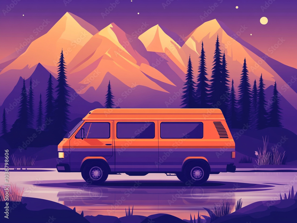 Camping van on the road trip. Mountains in the background with illustration style. Camping van on the road trip. Mountains in the background with illustration style.