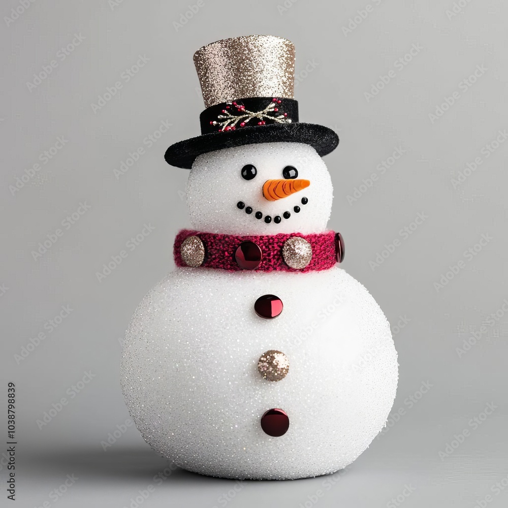 Snowman with glittering buttons and a festive top hat, ready for Christmas
