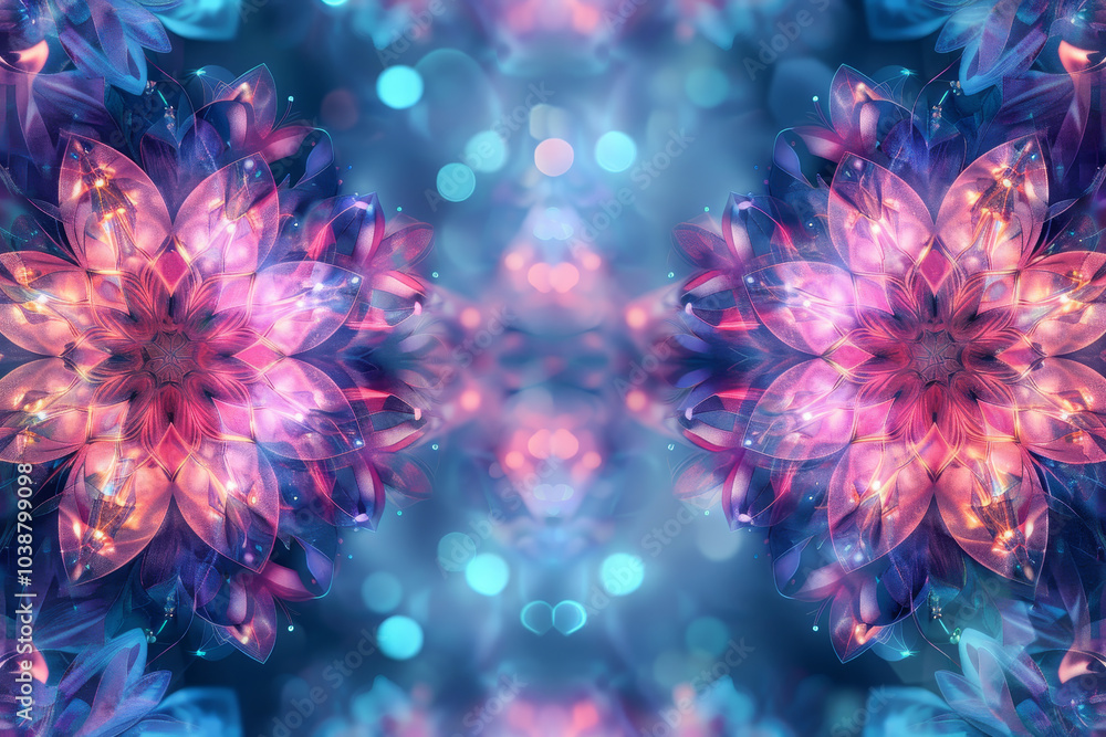 A mesmerizing display of intricate floral designs emanating glowing pink and purple hues against a tranquil blue backdrop, creating an ethereal atmosphere A mesmerizing display of intricate floral designs emanating glowing pink and purple hues against a tranquil blue backdrop, creating an ethereal atmosphere