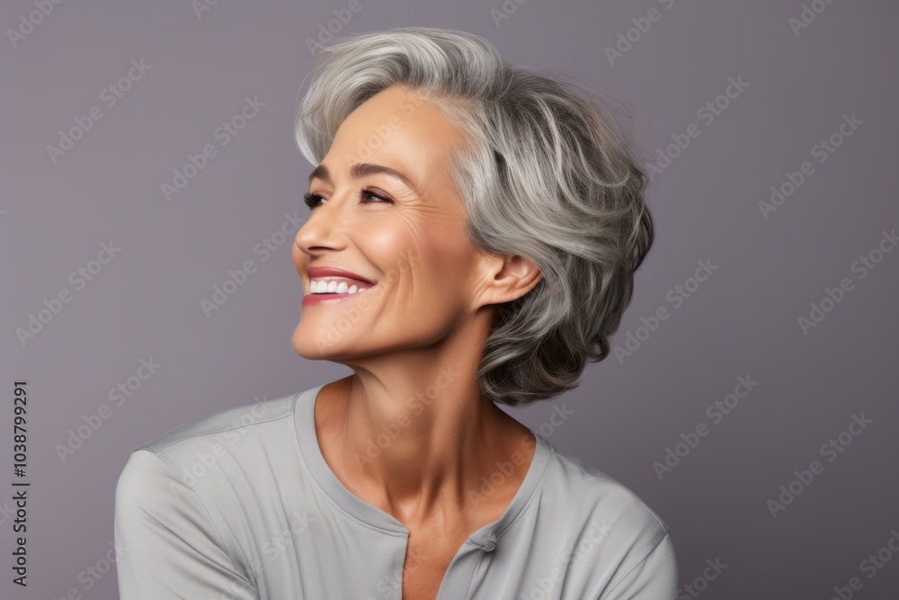 Mature woman with grey hair. Side view of beautiful mature woman looking away and smiling while standing against grey background Mature woman with grey hair. Side view of beautiful mature woman looking away and smiling while standing against grey background
