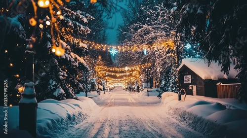 Vintage Snowy Street Illuminated by Warm Lights