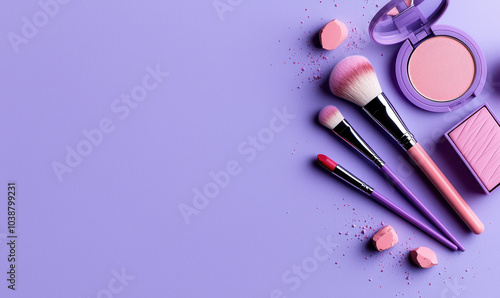 Elegant Makeup Set with Brushes and Powder on Lavender Background