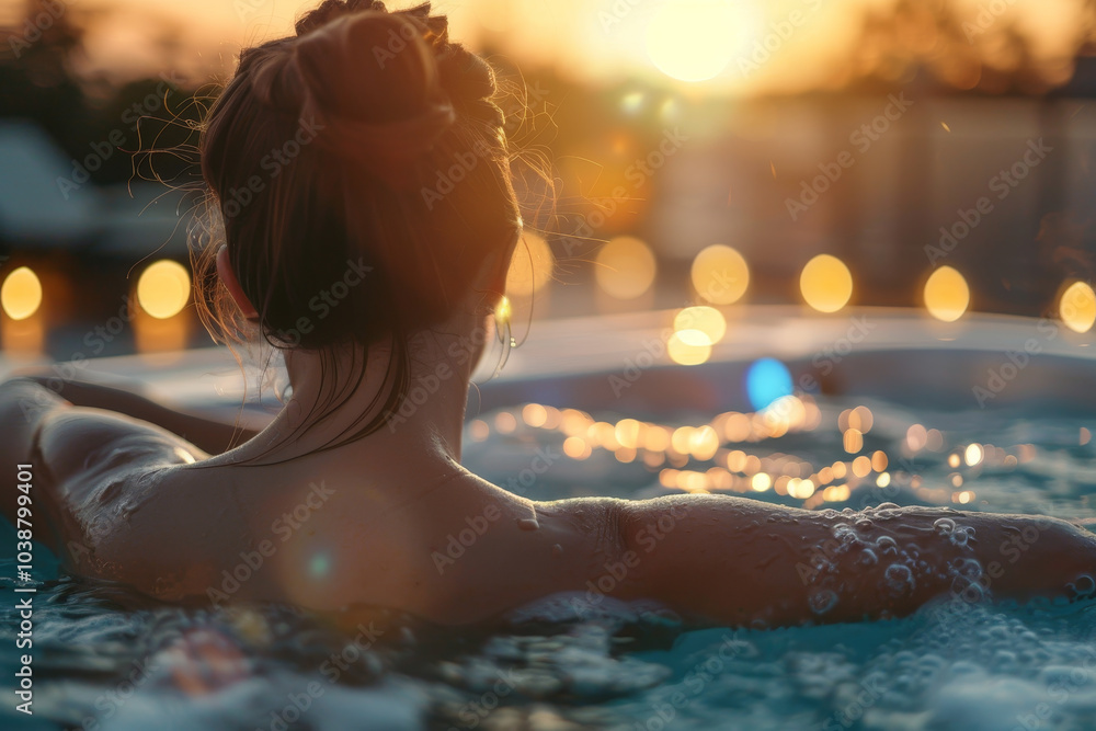 A woman is in a hot tub with her hair up