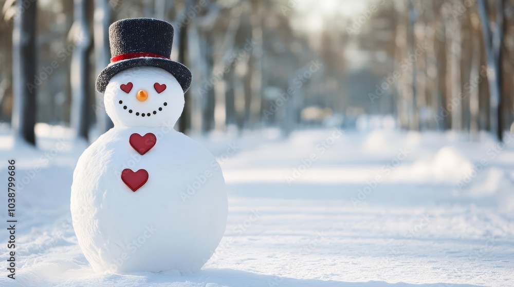 Fototapeta premium Snowman with heart-shaped buttons standing in a snow-covered park