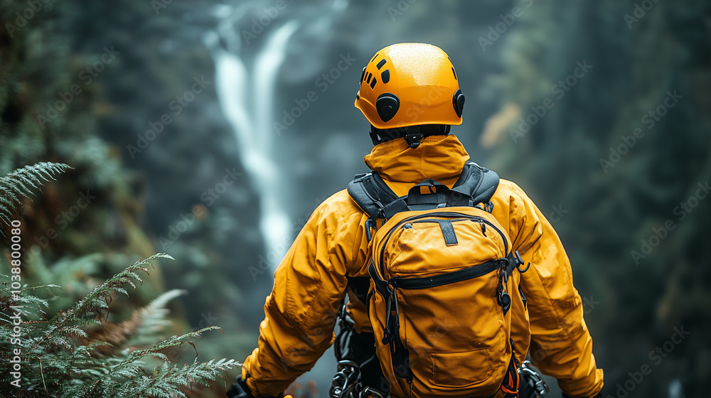 Rescuers in yellow gear working in forested mountains, dramatic scene Rescuers in yellow gear working in forested mountains, dramatic scene