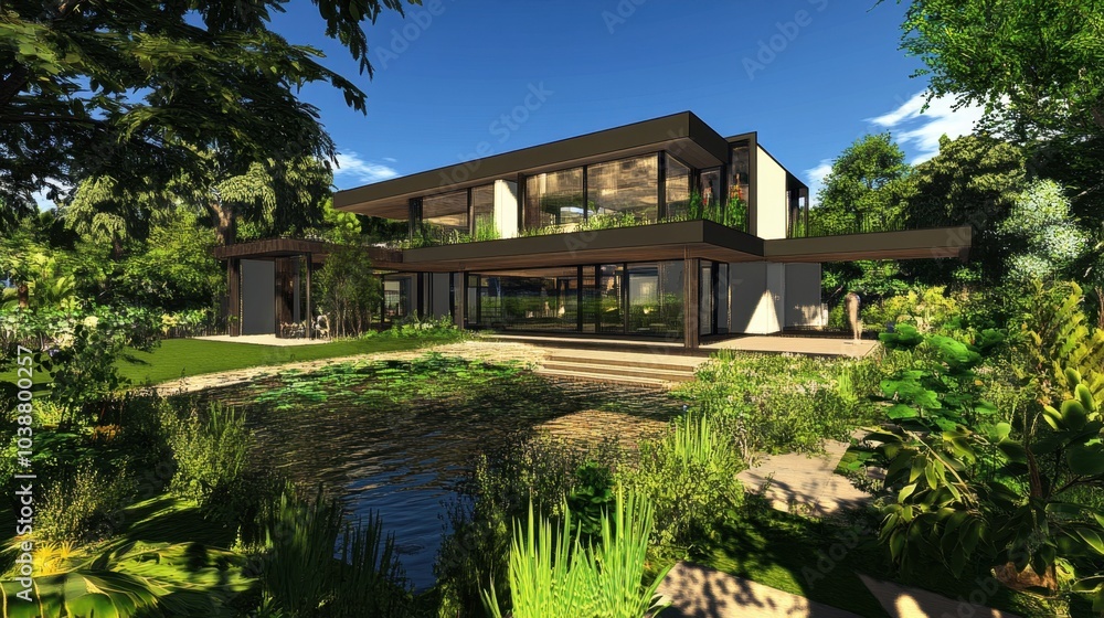 A highly detailed modern house with a large garden featuring a variety of plants, a water feature, and green lawns.