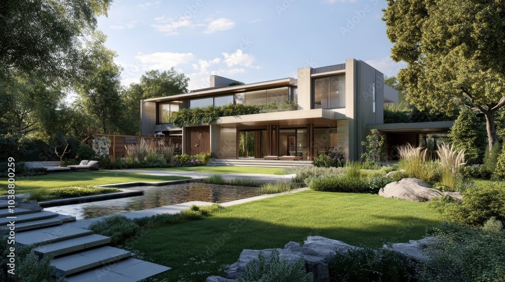 A highly detailed modern house with a large garden featuring a variety of plants, a water feature, and green lawns. A highly detailed modern house with a large garden featuring a variety of plants, a water feature, and green lawns.