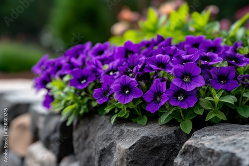 Aubrieta growing along a garden wall, its vivid purple flowers contrasting with the rough stone background