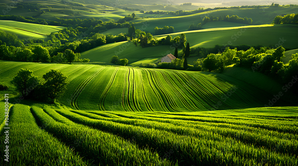 lush green rolling hills with a farmhouse and crop fields, capturing the vibrant beauty of the countryside in a peaceful rural landscape lush green rolling hills with a farmhouse and crop fields, capturing the vibrant beauty of the countryside in a peaceful rural landscape