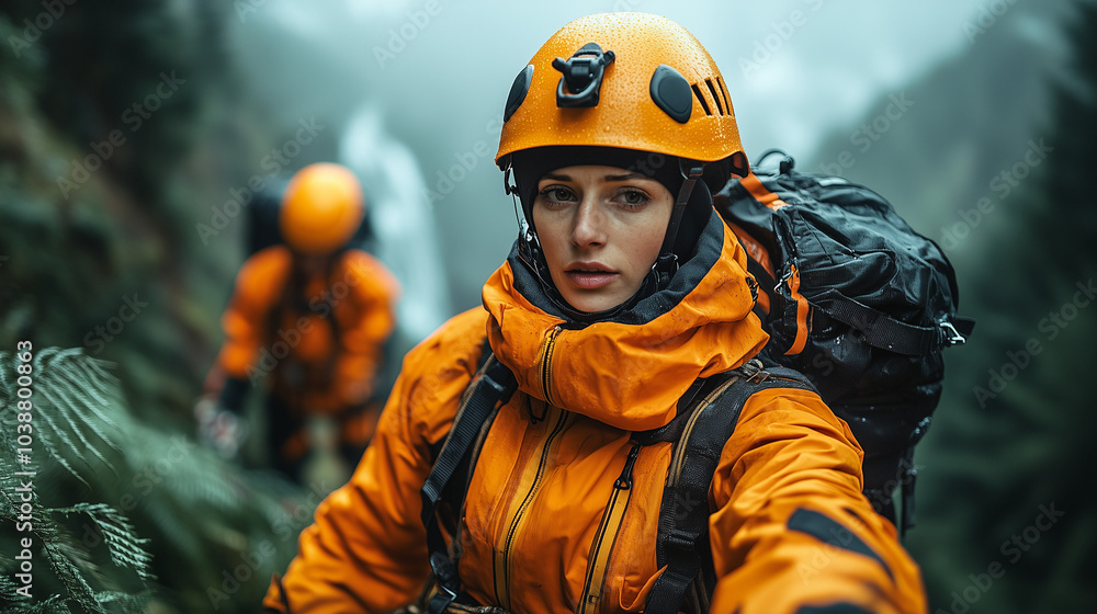 Rescuers in yellow gear working in forested mountains, dramatic scene Rescuers in yellow gear working in forested mountains, dramatic scene