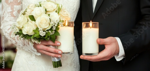 Bride and groom holding scented candles as they walk under an archway covered in flowers, highlighting unity and romance photo