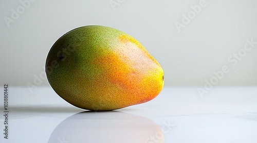 A vibrant mango rests on a surface, showcasing its smooth skin with a blend of green and yellow hues. photo