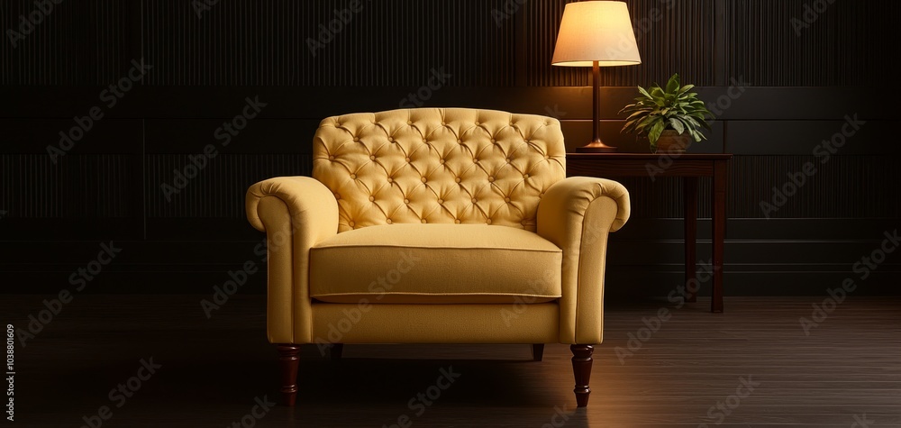 Fototapeta premium Luxurious Yellow Armchair in Elegant Interior Setting with Warm Lighting and Sophisticated Decor, Home Design Inspiration