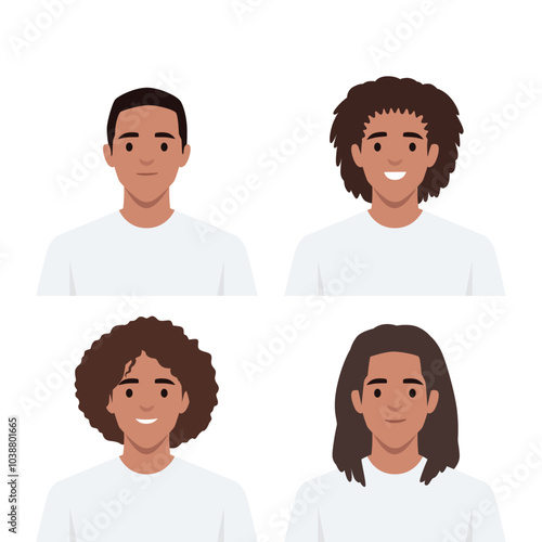 Young man avatar with various hair styles. Flat vector illustration isolated on white background