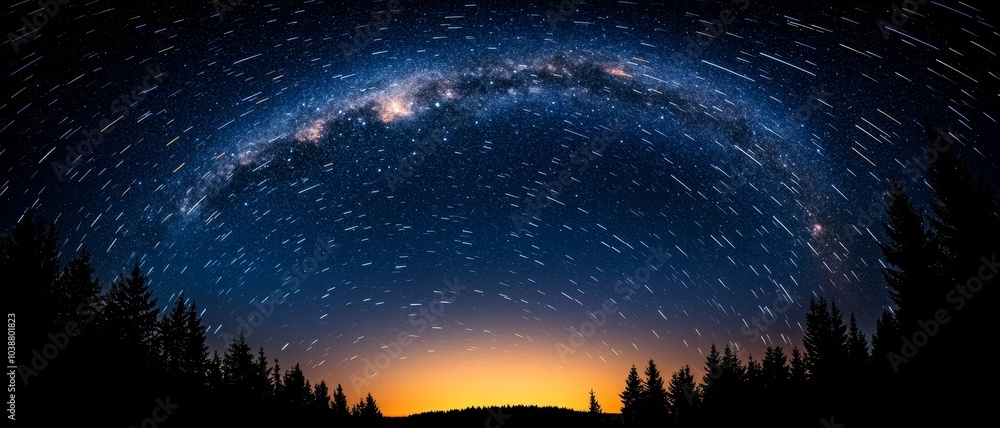 Naklejka premium Celestial Symphony Mystical Milky Way Over Forest Silhouette - Enchanting Night Sky Photography