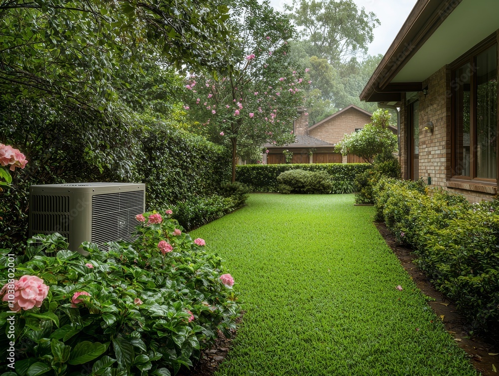 Tranquil Green Backyard Oasis with Lush Lawn, Foliage, and Pink Flowers - Serene Outdoor Scene of Peaceful Home Garden Landscape Tranquil Green Backyard Oasis with Lush Lawn, Foliage, and Pink Flowers - Serene Outdoor Scene of Peaceful Home Garden Landscape