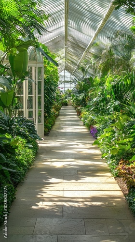 Serene Botanical Garden Hallway with Lush Greenery