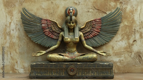 A highly detailed statue of the Egyptian goddess Isis, with her wings spread wide, embodying protection and motherhood, in an ancient setting.
