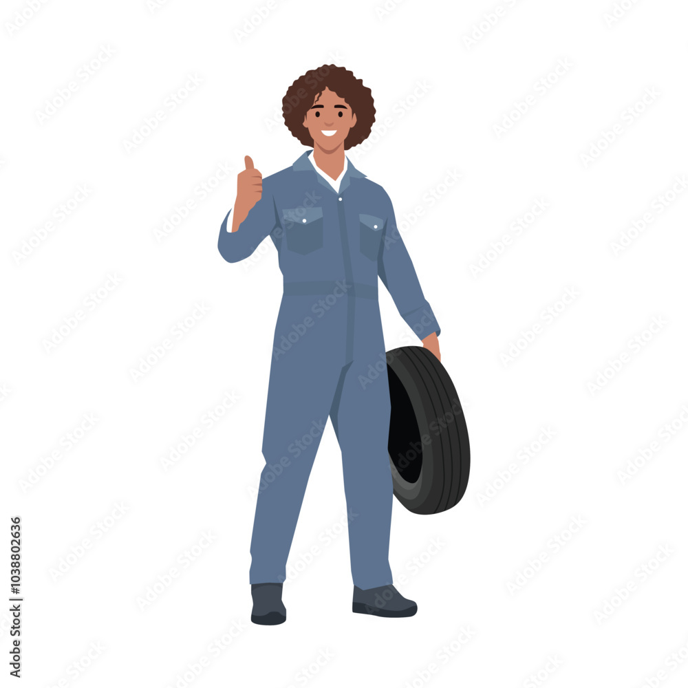 Young mechanic man holds wheel car. Flat vector illustration isolated on white background Young mechanic man holds wheel car. Flat vector illustration isolated on white background